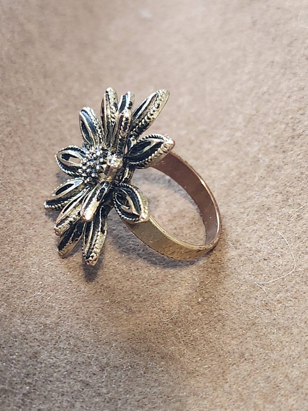 Antique Gold Tone Flower Statement Ring 8 Petals Inner And Outer 1.8cm Inside